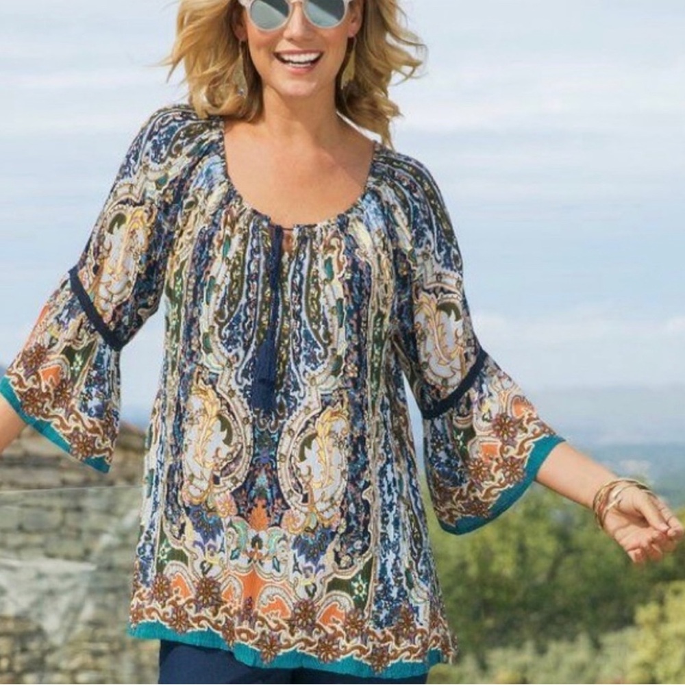 Soft Surroundings Chloe Paisley‎ Tunic Top  Tassel Tie
